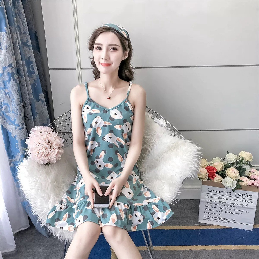 Váy ngủ 2 dây mặc ở nhà có đệm ngực họa tiết dễ thương