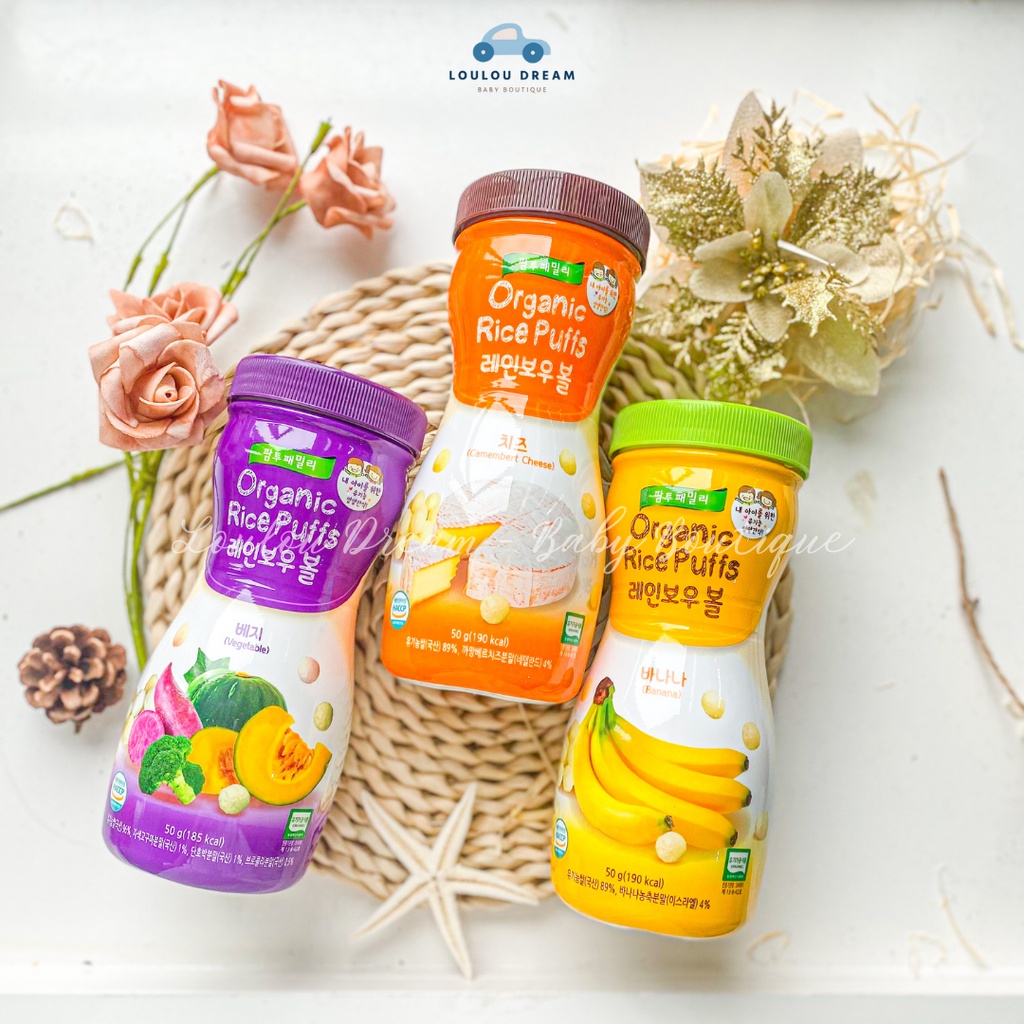 Bánh gạo ăn dặm Farm to Family hữu cơ - Organic Rice Puffs dạng viên cho bé từ 6 tháng Hàn Quốc 50g [BAY AIR]
