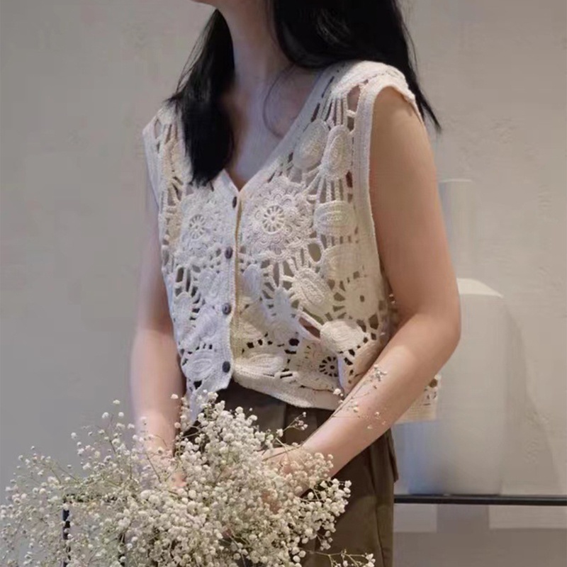 Áo Cardigan Dệt Kim Cổ Chữ V Không Tay Họa Tiết Hoa Phong Cách Pháp Cho Nữ