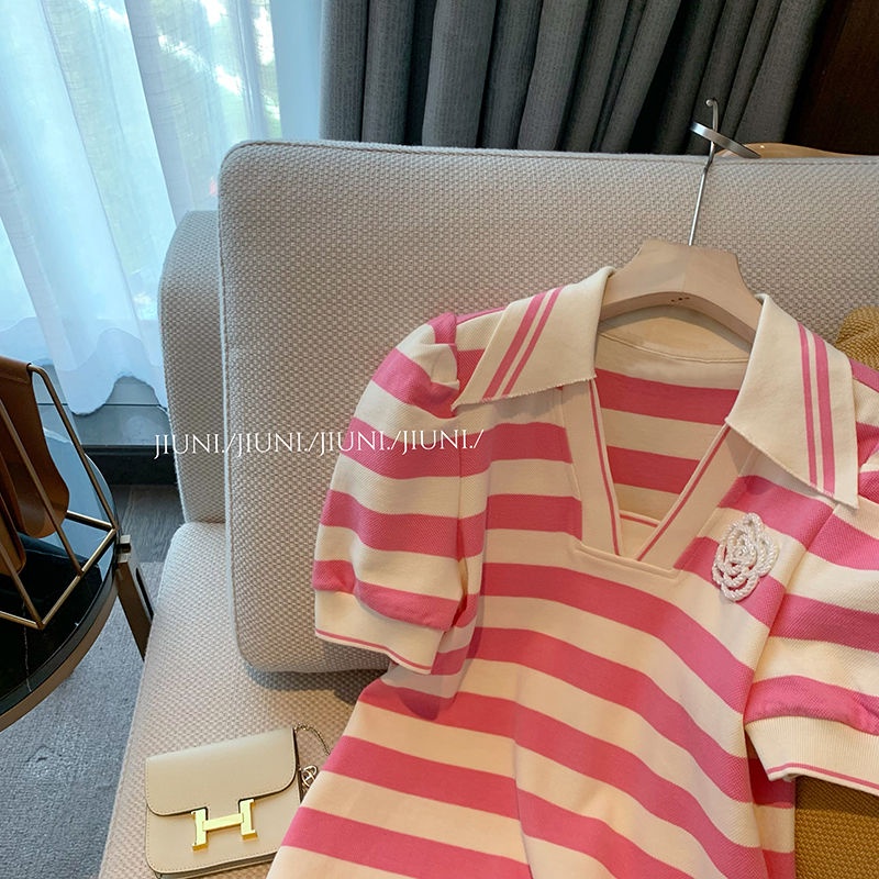 Đầm Cổ Polo Hoạ Tiết Kẻ Sọc Màu Hồng Phong Cách Mới Dành Cho Nữ