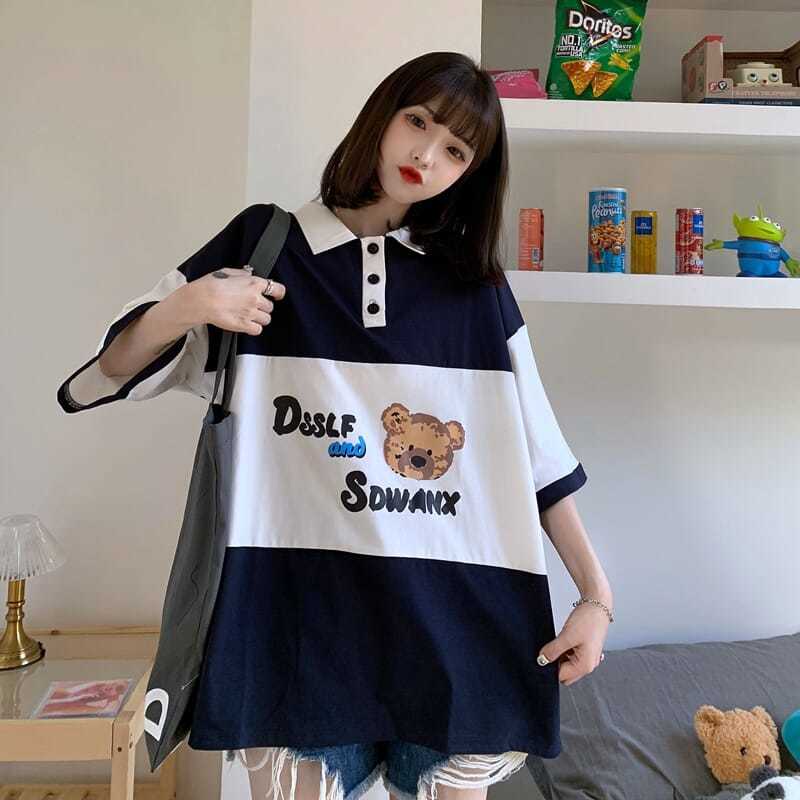 Áo Thun Polo Dáng Rộng In Hình Gấu Kiểu Nhật Bản Thời Trang Mùa Hè Cho Nữ