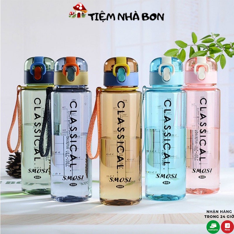 Bình đựng nước nhựa Classical 800ml có quai xách, Bình nước detox có lõi lọc pha trà