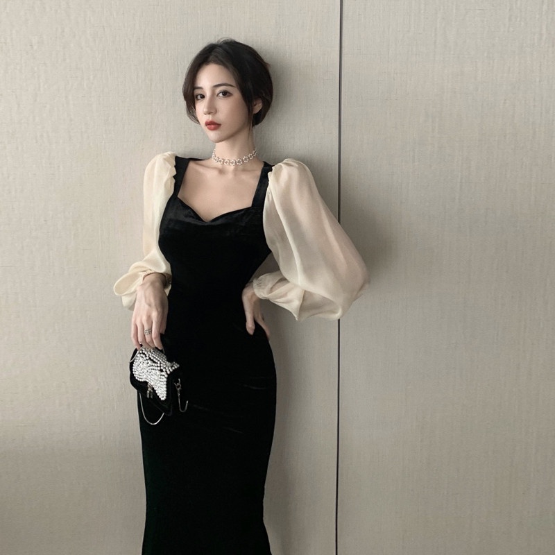 Đầm PERTY cổ vuông tay dài phong cách Hàn Quốc thời trang mùa thu 2022 cho nữ