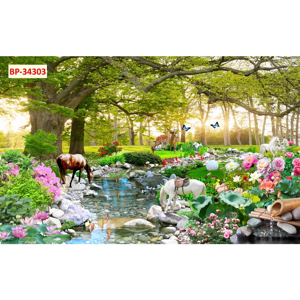 Tranh dán tường 3D cảnh rừng cây, phong cảnh hữu tình, nên thơ