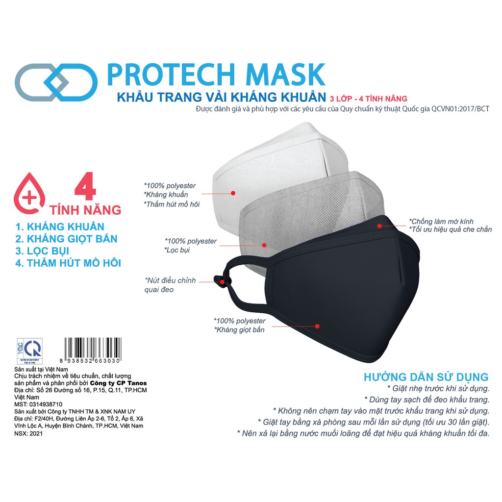 Khẩu trang vải CAO CẤP phiên bản mới PROTECH MASK KTL-L22  - Có nút điều chỉnh kích cỡ quai | BigBuy360 - bigbuy360.vn