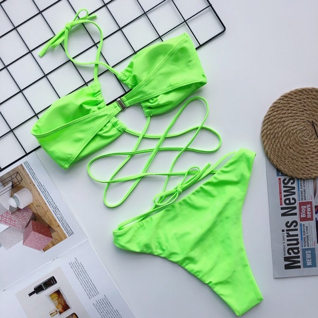 [BKN667] &lt;ÂU&gt; SET BIKINI ĐAN DÂY EO XANH NEON/BEO