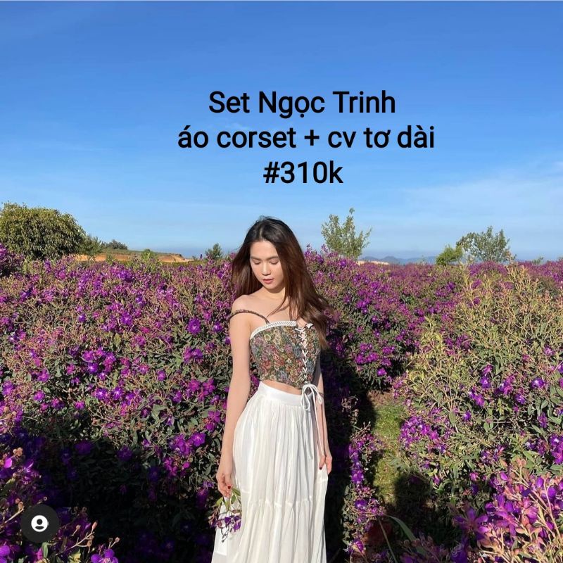 Set áo corset hoa rút dây và chân váy tơ maxi