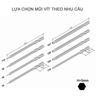 Mũi vặn vít Torx No.N dài 100mm, chuôi lục giác H = 5 Vessel (Nhật Bản)