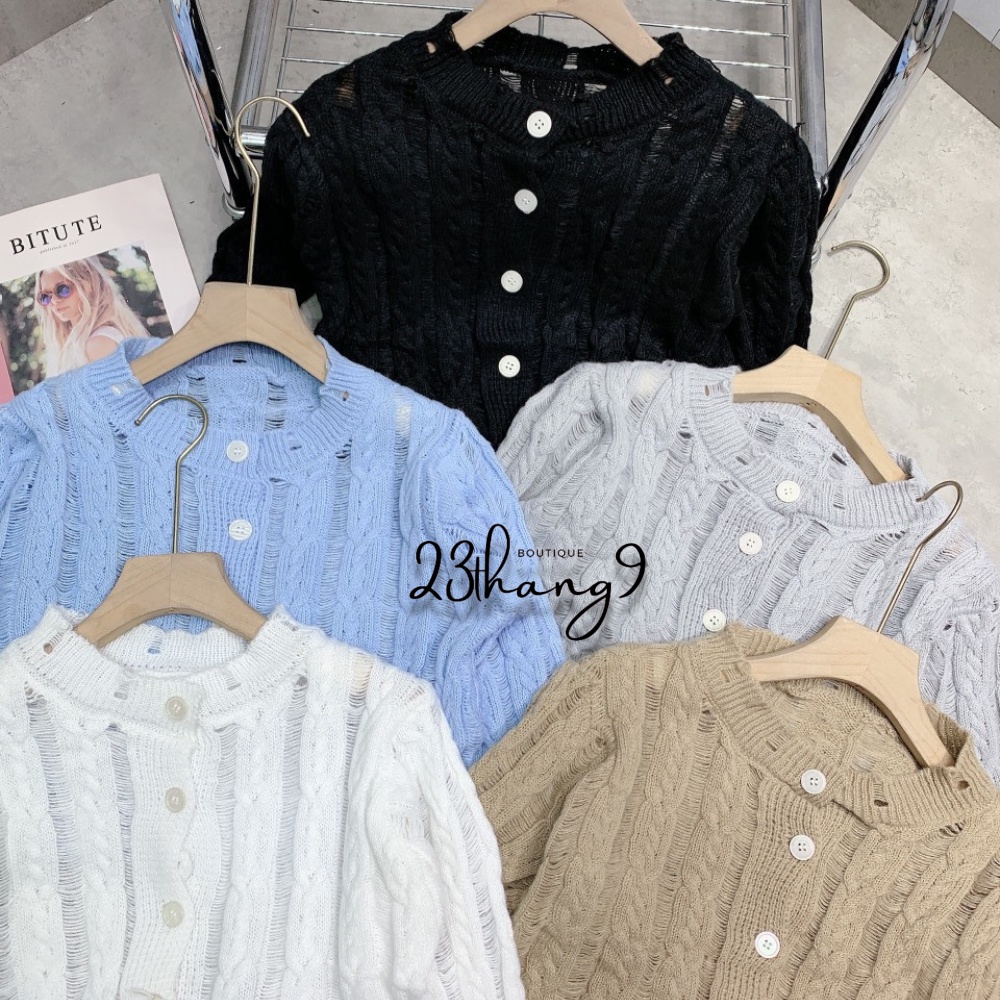 Áo len nữ áo khoác len nữ dài tay cổ tròn khuy trước cardigan màu đen màu trắng phong cách hàn quốc ulzzang 23thang9