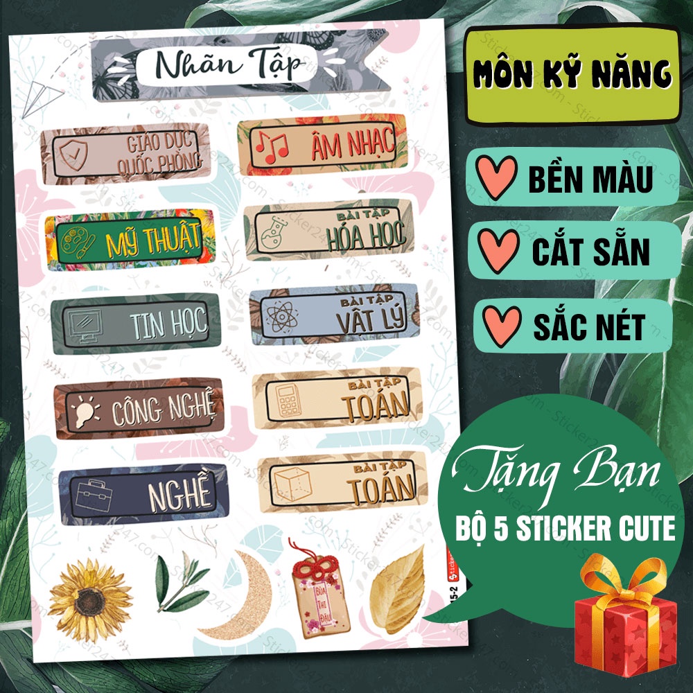 Sticker Nhãn Vở Môn Học Vintage Cổ Điển 🌈Freeship Sticker Cute Trang Trí Nhãn Vở dùng phân trang, dán gáy trang trí sổ