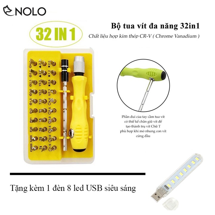 Bộ Tua Vít 32in1 Kết Hợp Trục Chữ T Hợp Kim Chrome Vanadium Chịu Lực Có Hộp Đựng Tặng Đèn 8 Led USB