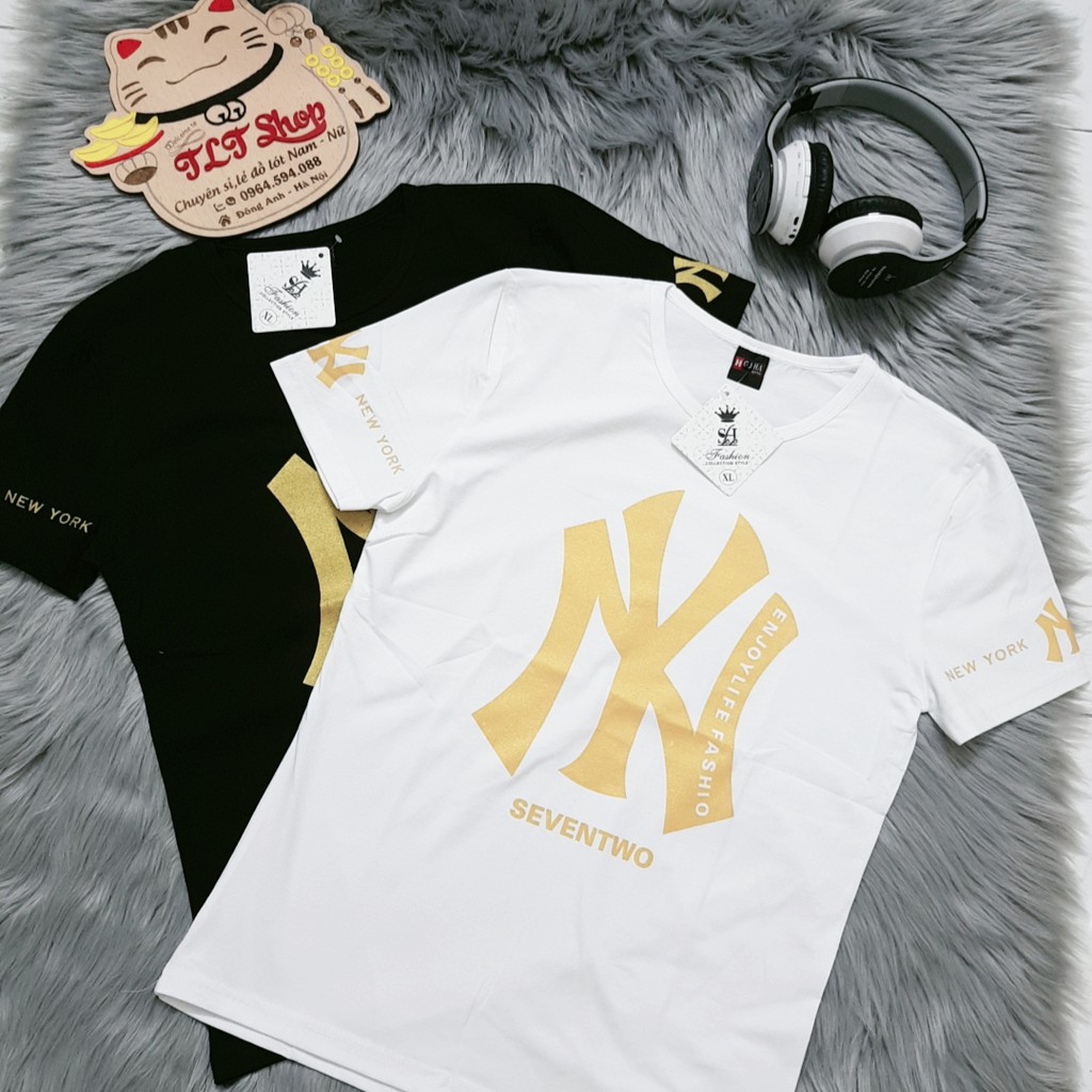 ÁO THUN NAM NỮ NY NEW YORK ĐEN TRẮNG CHỮ IN PHUN VÀNG ÓNG ÁNH SIÊU ĐẸP
