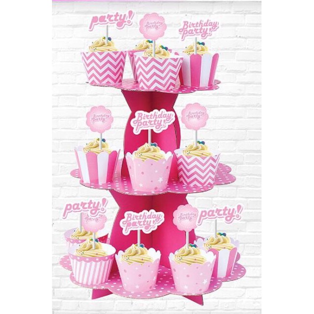 Kệ bánh sinh nhật cupcake 3 tầng bằng bìa cứng trang trí sinh nhật/ thôi nôi / đầy tháng