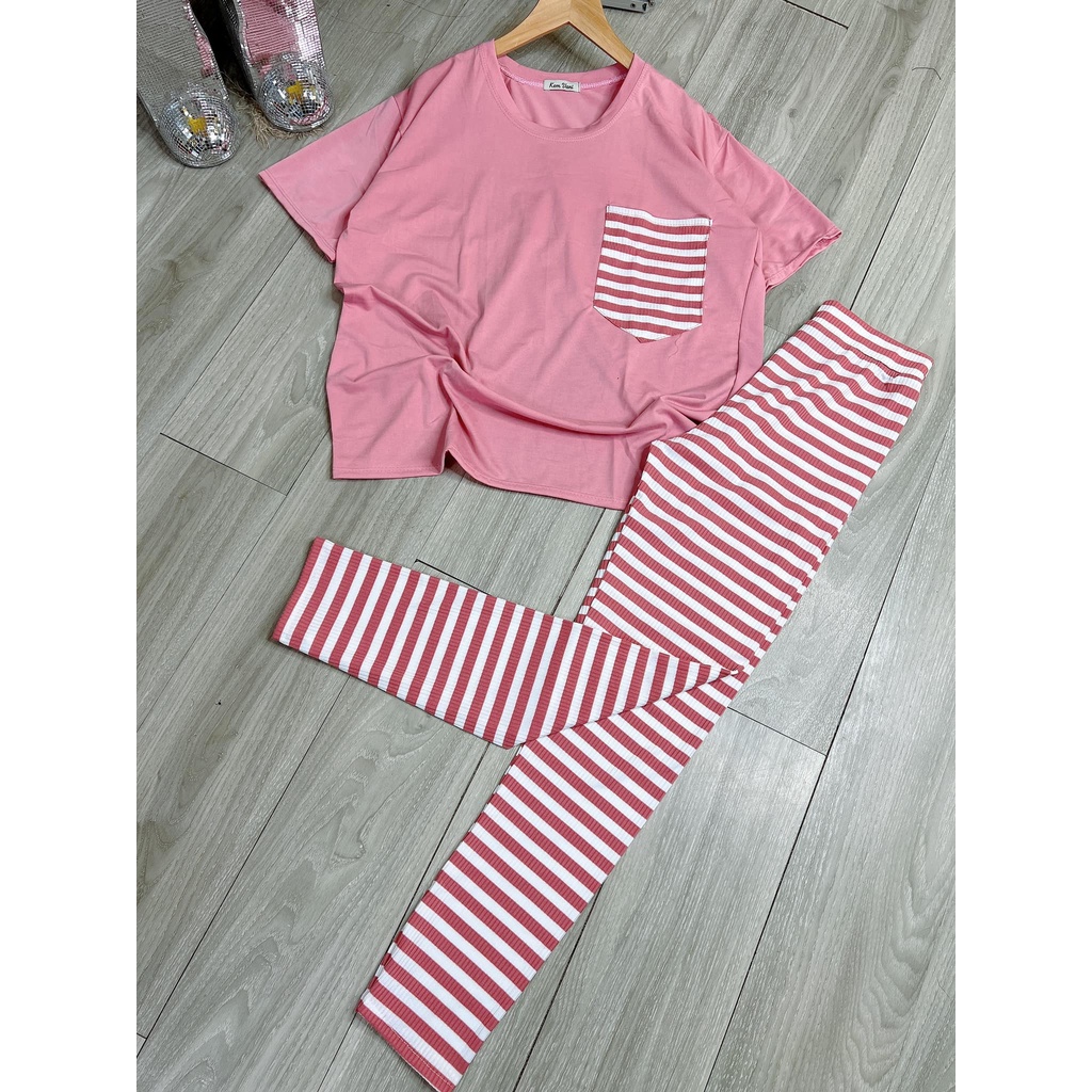 Đồ bộ nữ, set đồ bộ quần legging đai cao thun gân borip và áo thun cotton ngắn tay xẻ tà sau lưng form rộng có túi