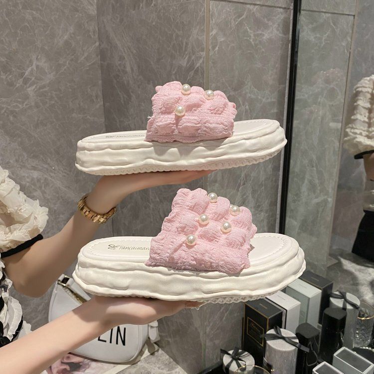 Dép Quai Ngang Đính Ngọc Trai Sang Trọng Chống Trượt Thời Trang Cho Nữ