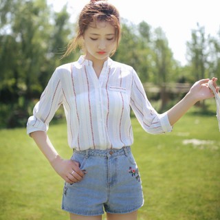 Áo sơmi cổ đứng kẻ sọc cho nữ