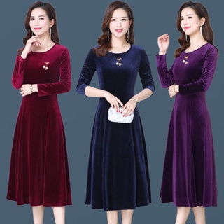 Đầm Nhung Cổ Tròn Tay Dài Dáng Rộng Màu Trơn Thời Trang Thu Đông Cho Phụ Nữ Trung Niên Size M-4xl 100kg 
