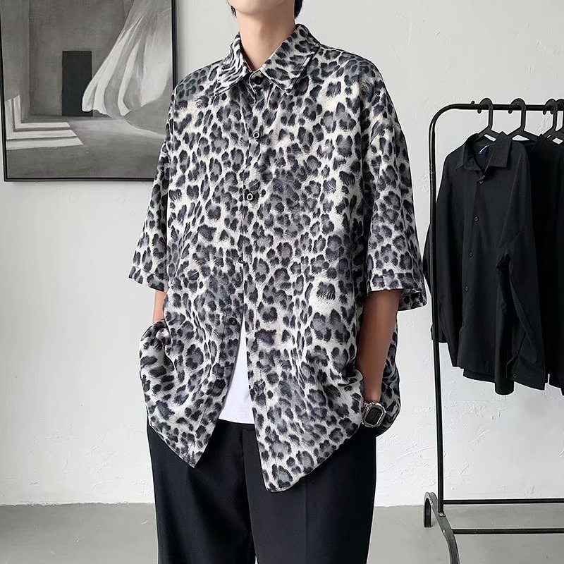 Áo Sơ Mi Tay Ngắn Dáng Suông In Hoạ Tiết Da Báo Sành Điệu Thời Trang Phong Cách Hàn Quốc Cho Nam Size M-2XL