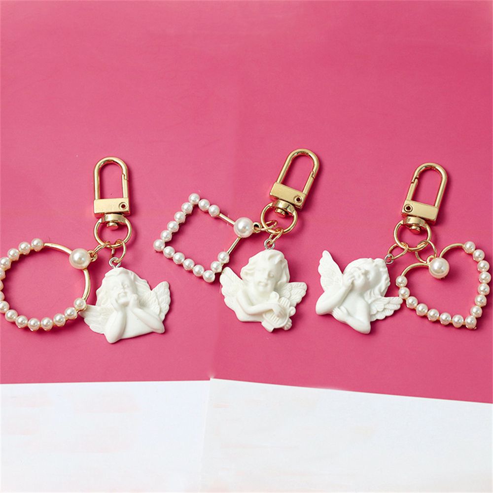 LANFY Retro Angel Key Rings Girl Female Earphone Case Chain Pearl Keychain Love Heart Key Accessories Chain Ornaments Bag Pendant Key Lanyard Small Gift Women Car Keyring
