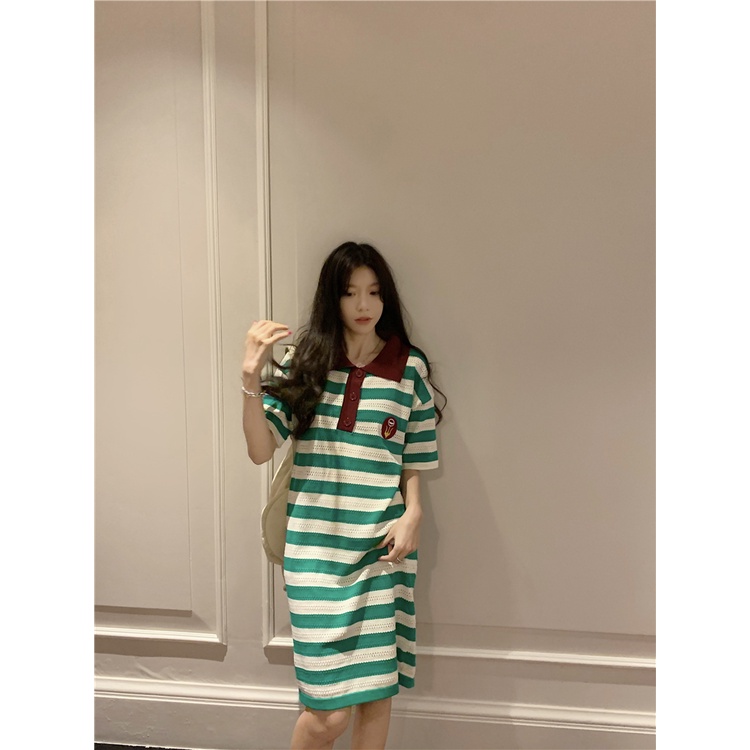 Xiaozhainv Đầm Midi Tay Ngắn Cổ Polo Dáng Rộng Họa Tiết Sọc Xanh Lá Thời Trang Mùa Hè Cho Nữ