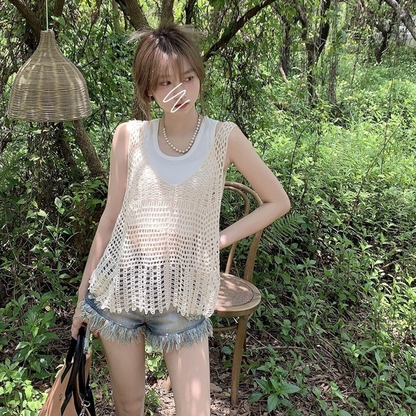 Áo Tank Top Dệt Kim Sát Nách Dáng Rộng Cổ Chữ V Thời Trang Mùa Hè Cho Nữ