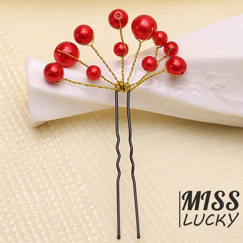 Set 6 trâm cài tóc đính hạt ngọc trai màu đỏ xinh xắn thời trang cho nữ