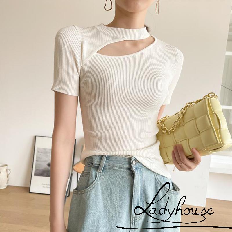 Áo Thun Dệt Kim Chui Đầu Cổ Tròn Tay Ngắn Màu Trơn Khoét Gân Cho Nữ