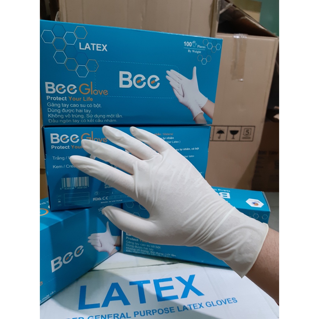Hộp 50 đôi  Găng tay cao su Bee Glove Latex , có bột chính hãng Có Bột Màu Kem 6.0gr - Size S,M,L