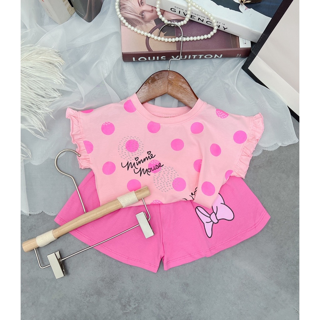 Bộ cộc tay bé gái chất cotton chấm bi tay bèo quần giả váy cho bé