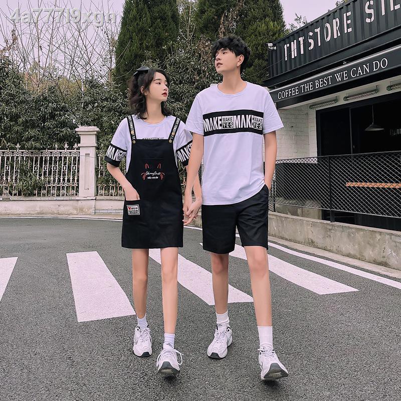 chân váy dài○♕❀Couple suit 2021 thời trang mới và phổ biến Bộ váy lửng, áo phông ngắn tay kết hợp màu mùa hè,