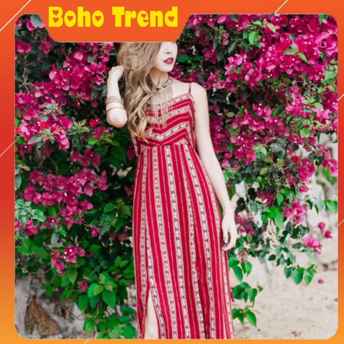 Váy thổ cẩm boho 2 dây xẻ tà - Đầm maxi đi biển