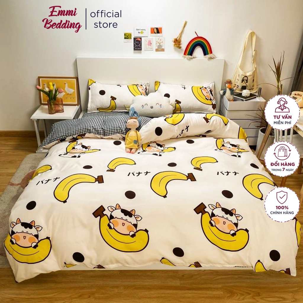 Chăn ga gối Emmibedding chất liệu cotton poly họa tiết bò chuối đáng yêu đủ size miễn phí bo chun