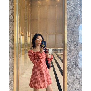 [suclothing] Vita dress - đầm xòe thiết kế cổ vuông tay thắt nơ - đầm đi tiệc thiết kế cao cấp - đầm xòe caro