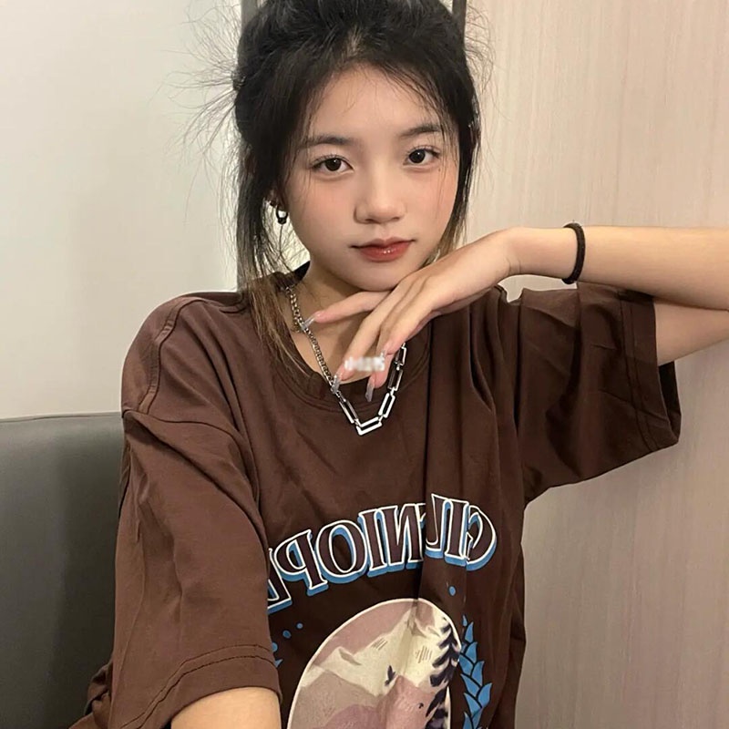 Áo Thun Tay Ngắn Cổ Tròn Dáng Rộng In Họa Tiết Phong Cách retro Mỹ Thời Trang Cho Nữ