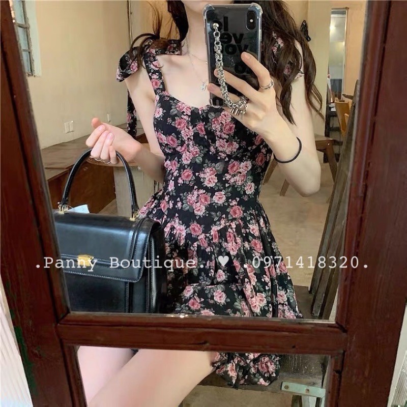 [Order có ảnh thật] Đầm váy thắt dây nhún xoè hoa hồng 🌹 , style ulzzang Hàn Quốc 🌻 Panny Boutique 🌻