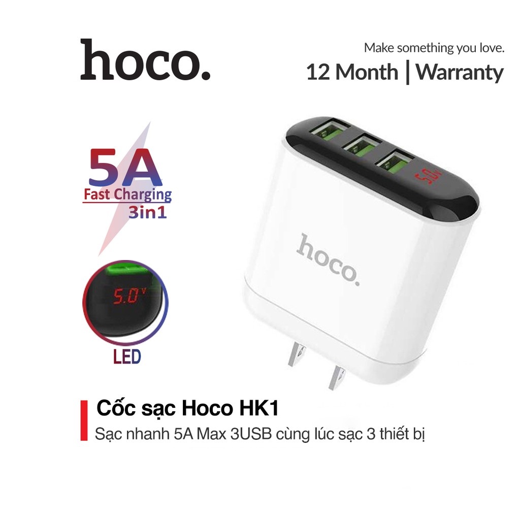 Cốc Sạc 3 cổng USB Hoco C15 / HK1 5A có màn LED hiển thị dòng Chính Hãng Ổn định dòng cho Iphone iPad Android
