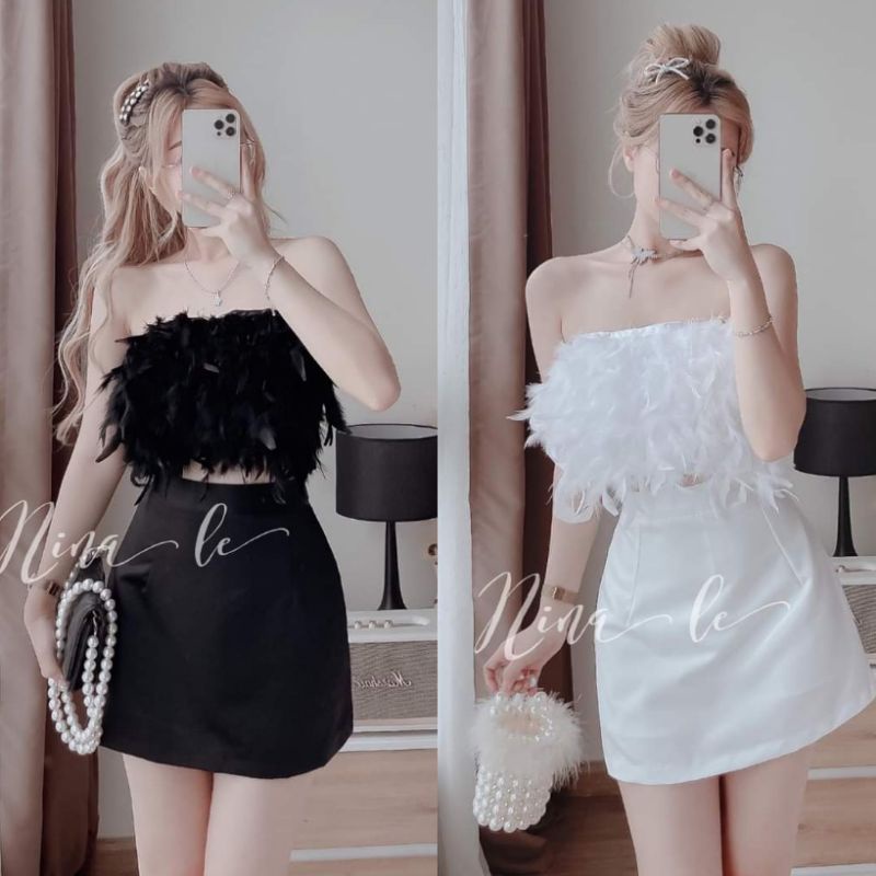 Set áo ống lông vũ có mút ngực + Chân váy chữ A (Đen/Trắng)