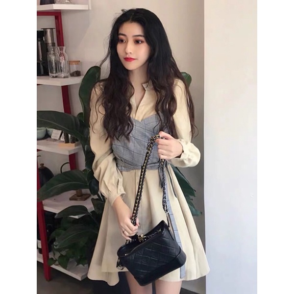 Đầm nữ dài tay phối caro thắt nơ eo, 2 màu be, đen dễ phối đồ, phong cách Hàn quốc