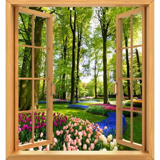 Tranh dán tường 3D cửa sổ vườn hoa đẹp -vải lụa kim sa- thiết kế theo yêu cầu