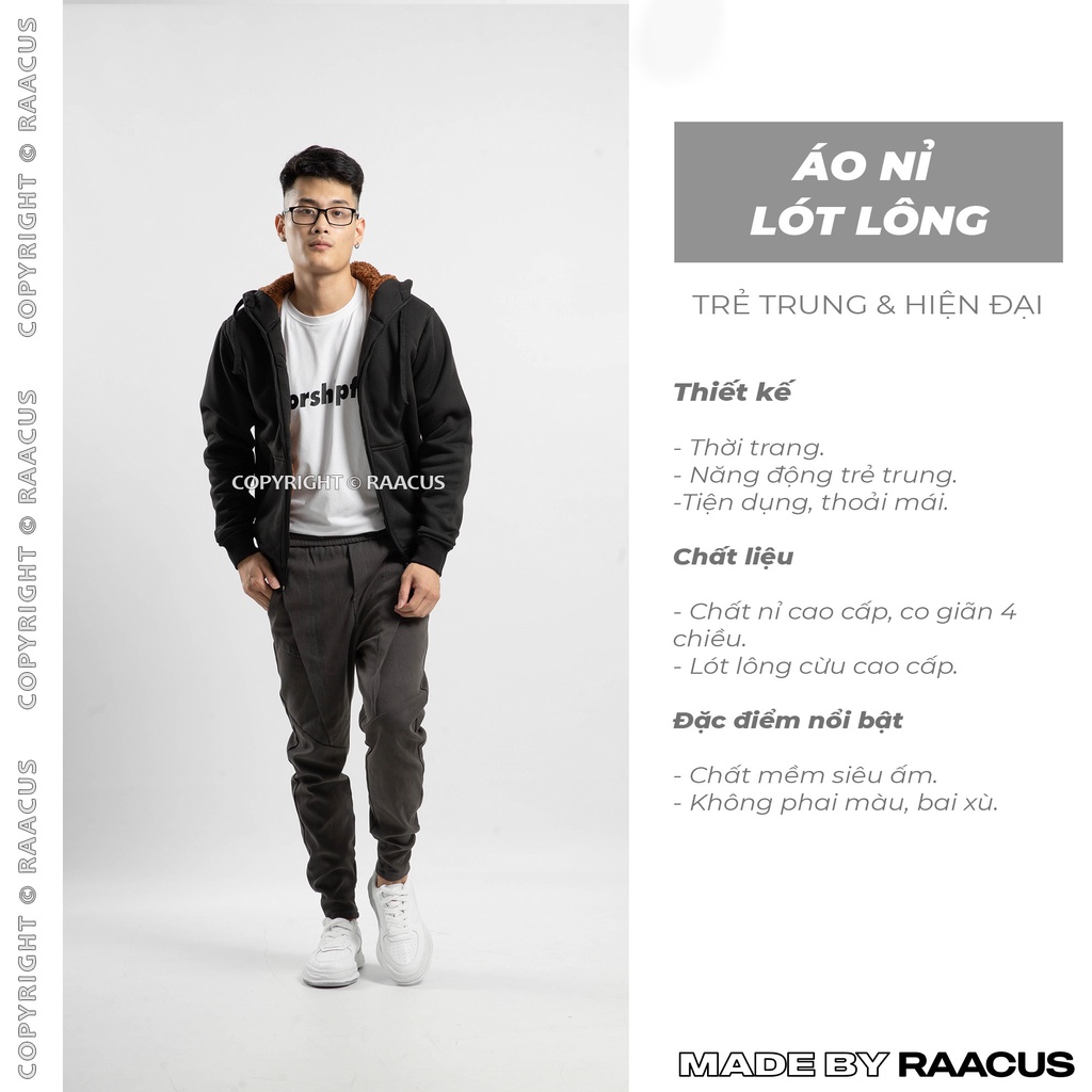 Áo nỉ nam nữ Raacusstore lót lông cừu có mũ form rộng, áo khoác nỉ da cá nam nữ ulzzang tay dài -D1AK436
