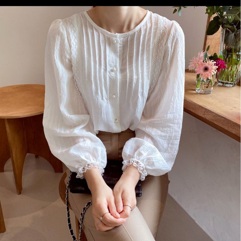áo sơ mi kiểu cổ tròn li ngực vintage tiểu thư ảnh thật