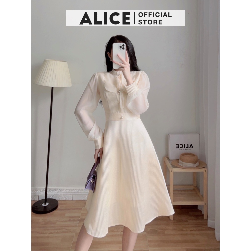 Váy Dự Tiệc Sang Chảnh ALICE Thiết Kế Dài Tay Tiểu Thư Eo Dập Ly Phối Tơ Lụa V739 | BigBuy360 - bigbuy360.vn
