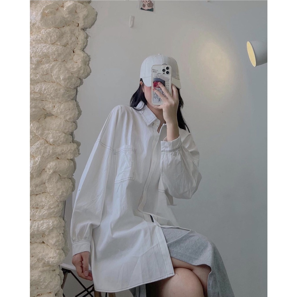 Áo sơ mi trơn chỉ nổi - Áo dài tay có cổ unisex Daski