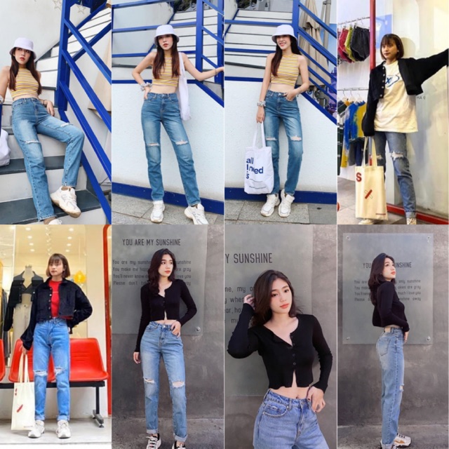 Quần SX BAGGY rách và Áo Croptop LEEVE TOP - Áo Color Top tay dài