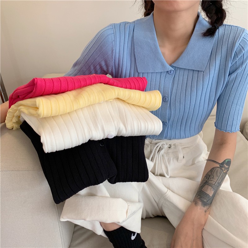 (ORDER) Áo len dệt kim sơ mi cộc tay mỏng nhẹ mùa hè style nữ sinh Hàn Quốc đáng yêu nhiều màu