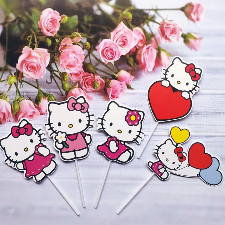 trang trí bánh sinh nhật [MIỄN SHIP❤️] Set cắm giấy con mèo hello kitty