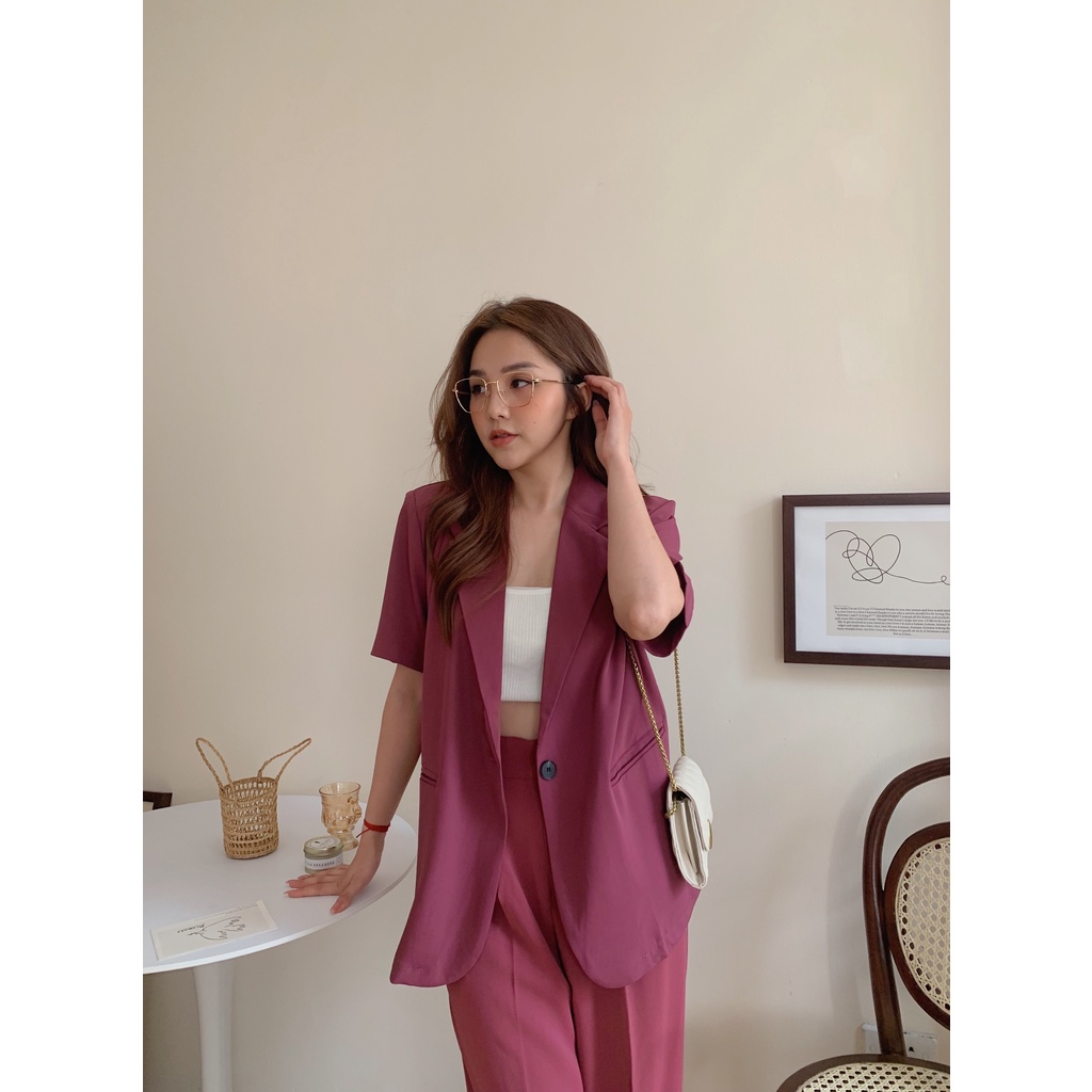Áo blazer cổ v độn vai túi hộp bảng màu hàn A-2022