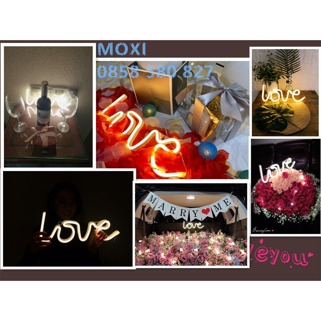 【Tặng MÓC TREO 】Đèn Led Neon hình chữ Love quà tặng Valentine ,lễ tình nhân trang trí DECOR phòng ngủ hộp PIN + USB MOXI