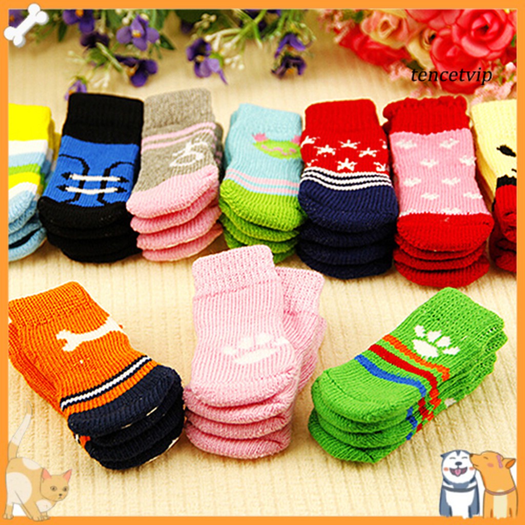 Set 4 Đôi Tất Chống Trượt Họa Tiết Hoạt Hình Dễ Thương Cho Thú Cưng