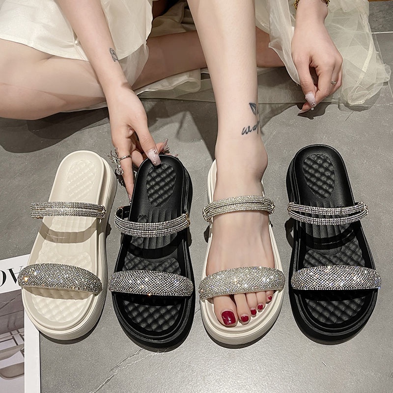 COOL A Dép Sandal muffin Đế Dày Hai Cách Mang Đính Đá Thời Trang Mùa Hè Hàng Mới Dành Cho Bạn Nữ Màu đỏ lưới và dép đi trong nhà của phụ nữ mùa hè áo khoác ngoài mùa hè phong cách bùng nổ mới siêu hot bánh xốp đáy dày gót trung rhinestone thời trang cổ